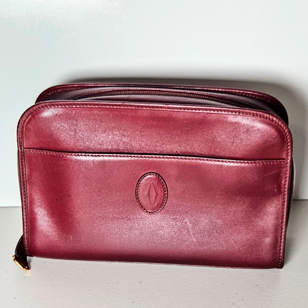 Vtg Cartier Toiletry Bag Burgundy Leather Zippered Top